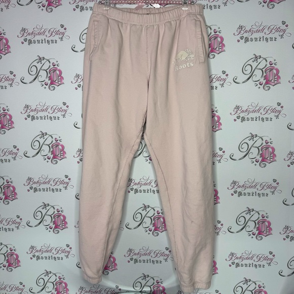 Roots sweatpants joggers light pink with white logo pockets adjustable waist tie - Picture 1 of 7